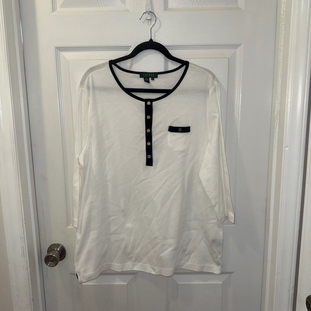 Lauren Ralph Lauren Womens 2x White Black Trim 3/4 Sleeve Henley Pocket Tee Plus